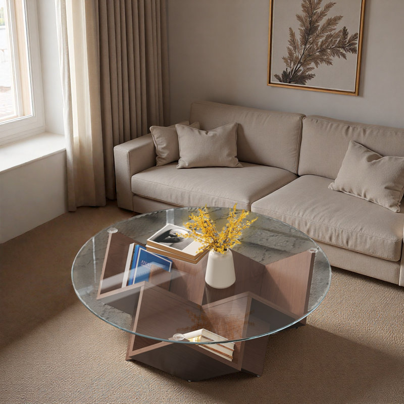 Table basse ronde avec plateau en verre et tablettes de rangement