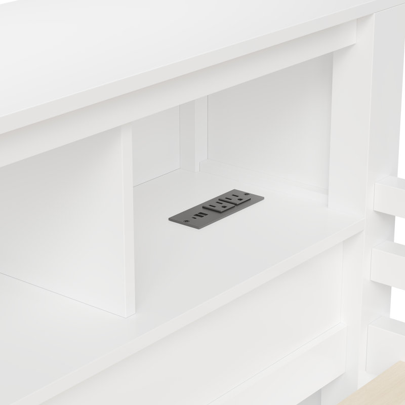Grand lit mezzanine en bois avec garde-robe et bureau, tête de lit avec rangement et port USB, blanc, Blanc
