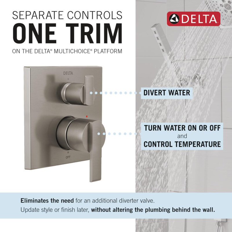 Ara 14 Series 3-Setting Shower Handle Diverter Trim Kit, Integrated Diverter Valve Trim Kit, Stainless