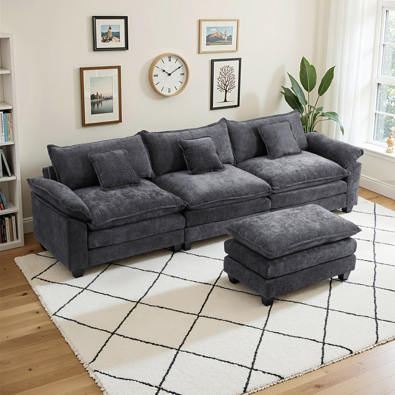 Chenille Upholstered 3-Seater Modular Sectional Cloud Couch with Movable Ottoman, Gray