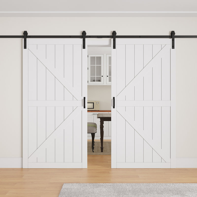Ensemble de quincaillerie pour porte de grange double en bois de sapin noueux brut de 84 po de hauteur, design en forme de K et de X, porte coulissante en bois massif, deux ensembles de fermeture amortie
