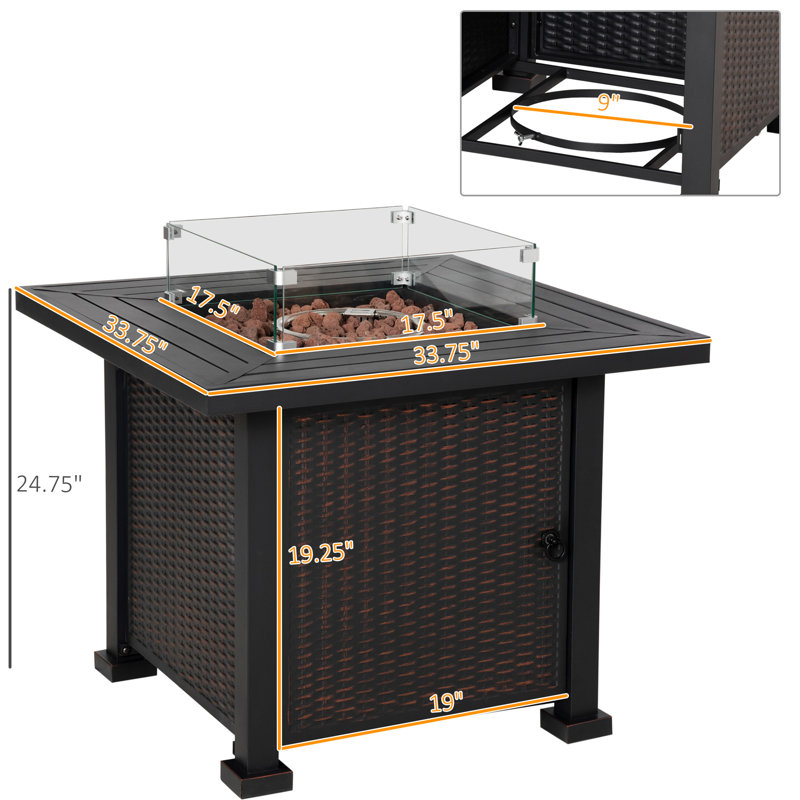 Table de foyer d'extérieur chauffant 50 000, 34 pouces, auto-allumage, effet carré, pare-vent en verre, couvercle, pierres de lave, base en acier, foyer extérieur noir au gaz propane, effet avec style