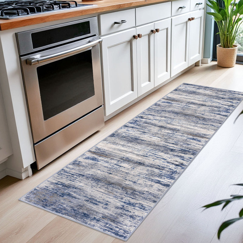 Tapis de couloir de cuisine doux antidérapant pour couloir 2 x 6 avec envers en caoutchouc pour l'entrée, Blue/Grey