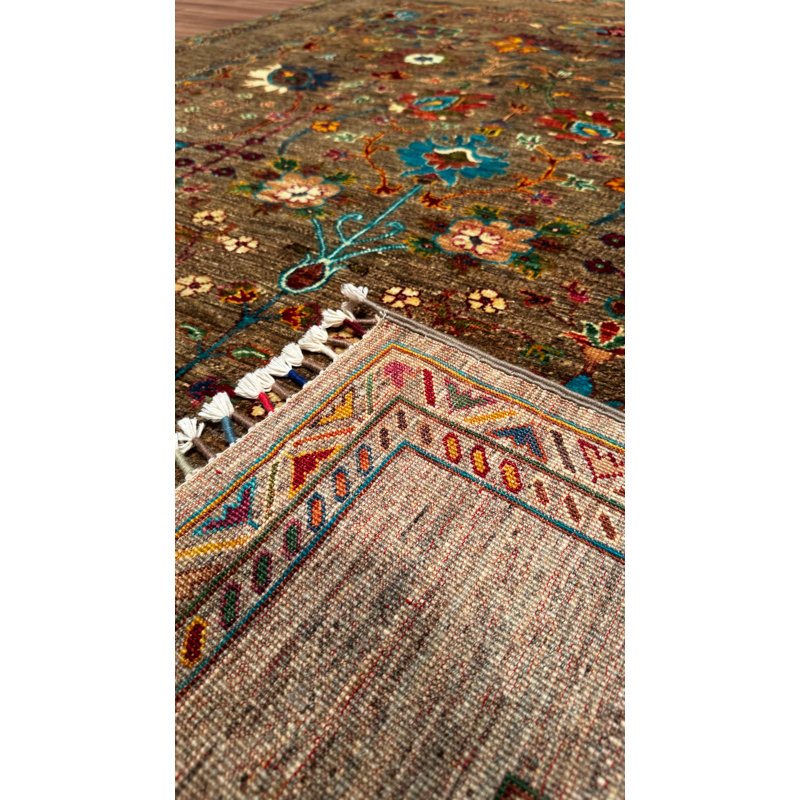 Original Hand Knotted Traditional Pattern Brown Wool and Cotton Rug