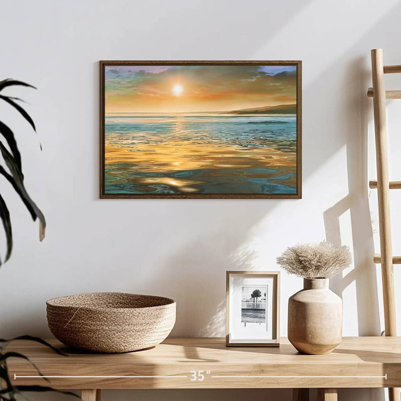 Calme du soir océan, 19 po x 13 po, Cadre flottant en noyer