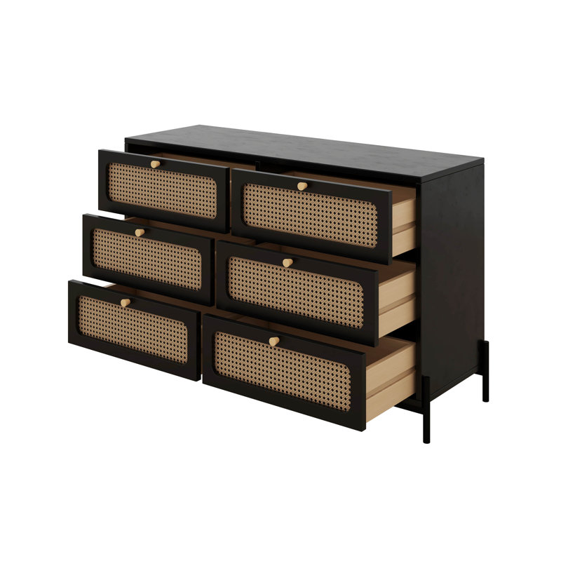 Buffet moderne en bois et rotin avec commode à 6 tiroirs