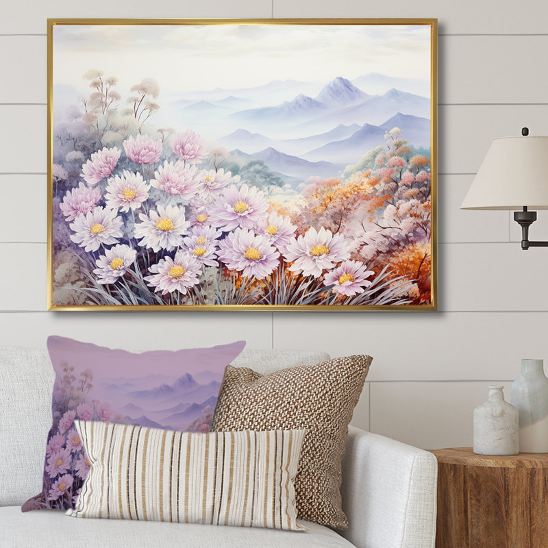 Fleurs de maman dans un paysage de montagne sur toile, Cadre flottant doré, H 24 po x l 32 po x P 1 po