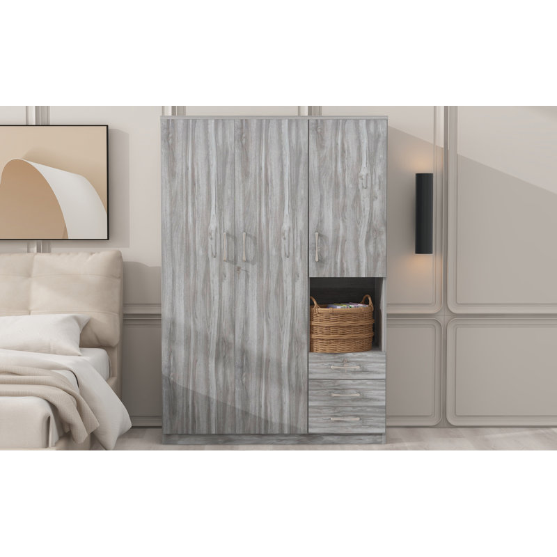 Armoire Charlie en bois avec tablettes, tringle et tiroirs, Gris