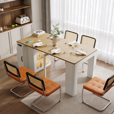 Table de salle à manger extensible avec 3 rallonges centrales amovibles, 150 x 83 x 77 cm, en verre, MDF et panneaux de particules, monobloc, couleur blanc crème et naturel.