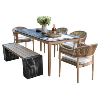  Posey 6 pièces Table de salle à manger en marbre avec banc et chaises en osier de blé