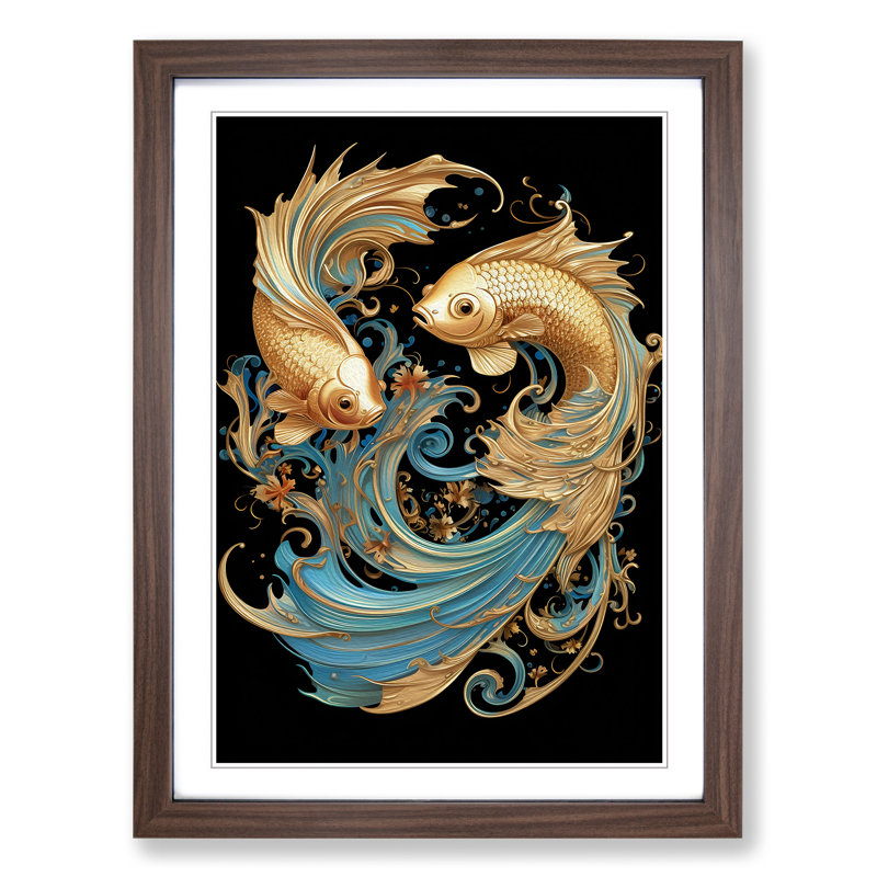 Siamese Fighting Fish Nouveau - Single Picture Frame Print on Wood, 46cm H x 34cm W x 2cm D, Walnut