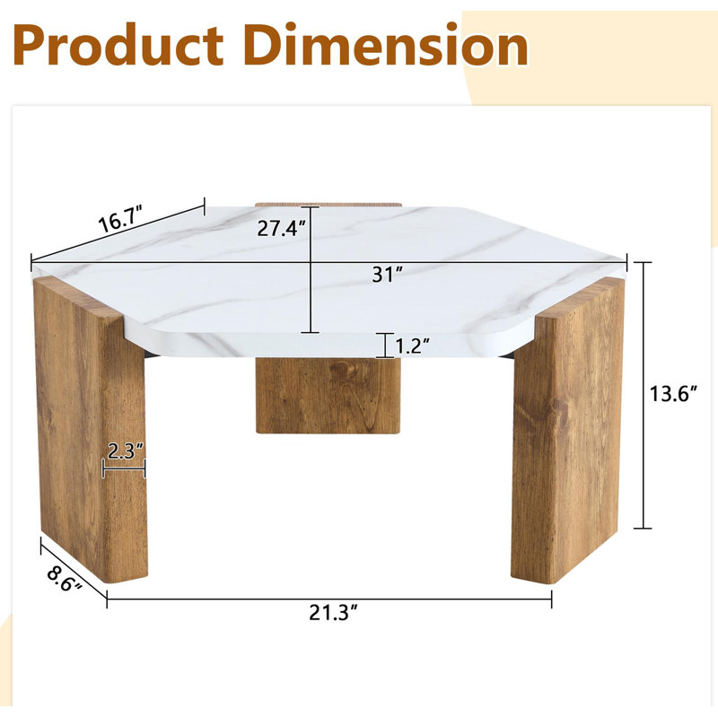 Table basse de 31 pouces à texture de marbre blanche à base triangulaire - Base triangulaire en bois, convient aux salons, aux cafés