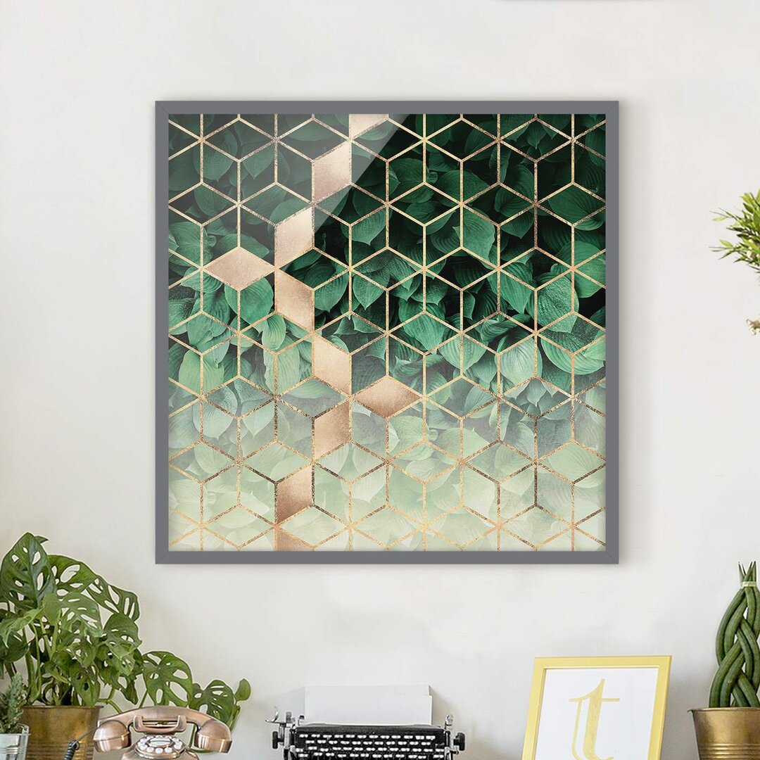 Gerahmtes Poster Green Leaves Golden Geometry