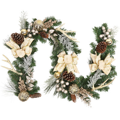 6 FT Pre-Lit Christmas Garland with Lights, Battery Operated Lighted Xmas Garland with 3 Gold Bows, 8 Lighting Modes & Timer, Indoor Outdoor Holiday Decor for Mantle Fireplace Front Door