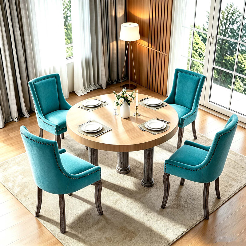 Chaises de salle à manger rembourrées en tissu avec garniture cloutée et pieds en bois massif épais pour la salle à manger, la cuisine, le salon et l'intérieur