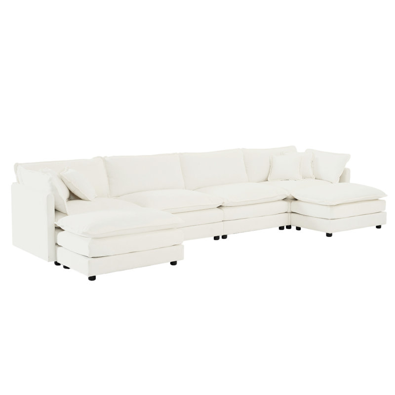 Modular Large U-Shape Sectional Sofa,Double Extra Ottomans, White Chenille