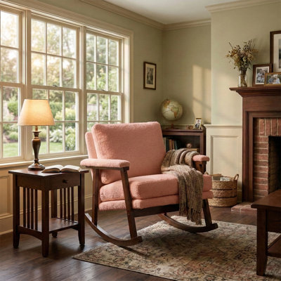 Upholstered Teddy Fabric Rocking Chair with Lumbar Pillow, Mid-Century Wooden Nursery Rocker, Comfy Reading Accent Chair for Living Room, Bedroom and by George Oliver