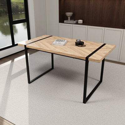 Table de salle à manger industrielle de 150 cm (59 po) avec pieds en bois de 3,8 cm (1,5 po) d'épaisseur et en métal noir, pouvant accueillir de 4 à 6 personnes pour des réunions entre amis, 3,8 cm (1,5 po), 15,2 cm (6 po),