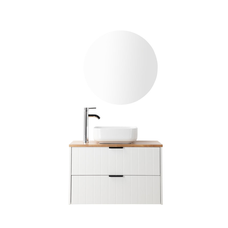 Meuble-lavabo de 32 po avec deux tiroirs, armoire blanche, finition en bois massif naturel, lavabo et miroir carrés, surface de rangement moderne et fonctionnelle