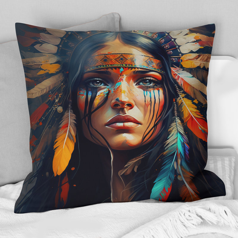 Femme colorée amérindienne VI - coussin décoratif imprimé femme bohème, H 16 po x l 16 po