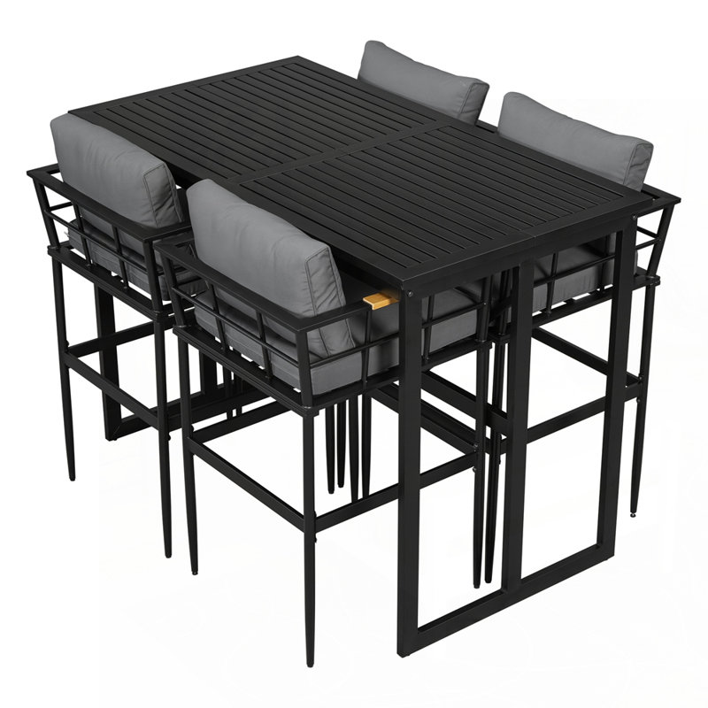 Ensemble repas d'extérieur avec structure en fer robuste et accoudoirs en bois d'acacia naturel, Gris