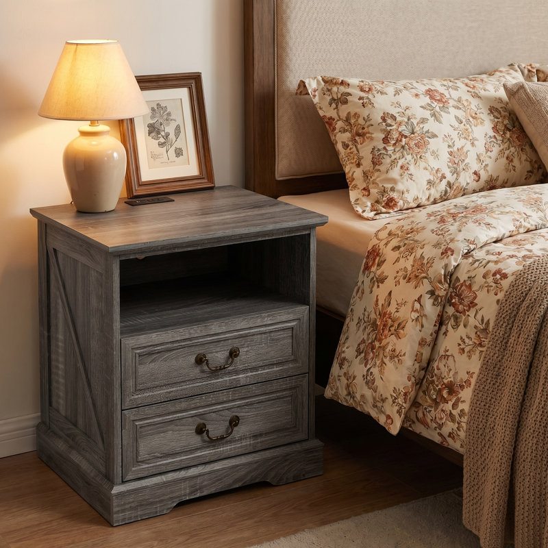 Gray Compact Nightstand Cabinet With Antique Bronze Pulls, Gray