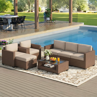 Ensemble de conversation pour patio 7 pièces en osier avec coussins et table basse