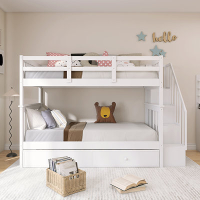 Solid Wood Twin-Over-Twin Bunk Bed with Twin size Trundle for Bedroom, Dorm, Adults, White