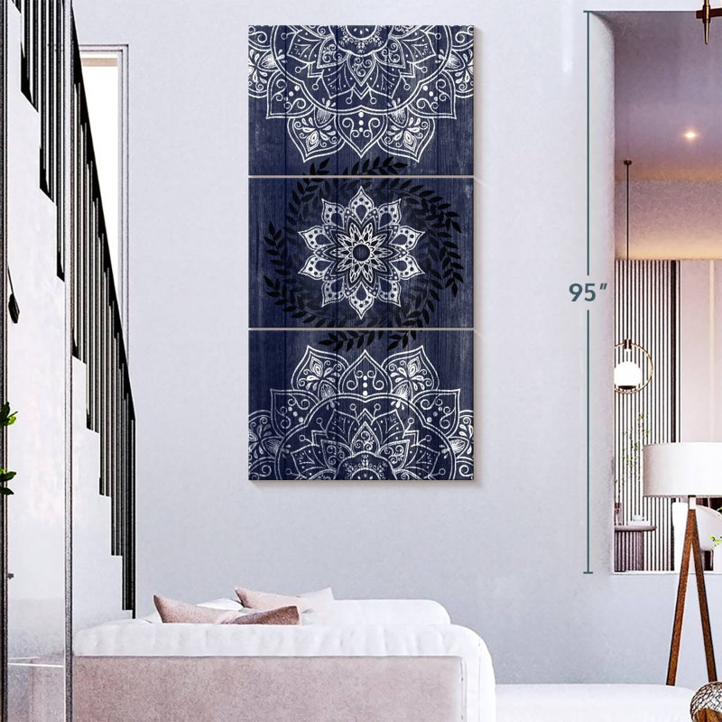 Mandalas sur fond bleu rustique, H 80 po x l 39 po