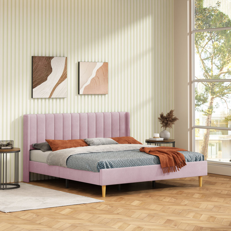 Upholstered Platform Bed Frame with Channel-Tufted Headboard, Strong Wood Slats, No Box Spring Needed, Noiseless Wood Foot, Easy Assemble