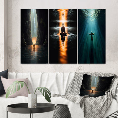" Buddhist Monk Meditating In Cave Lake " 3 - Pieces