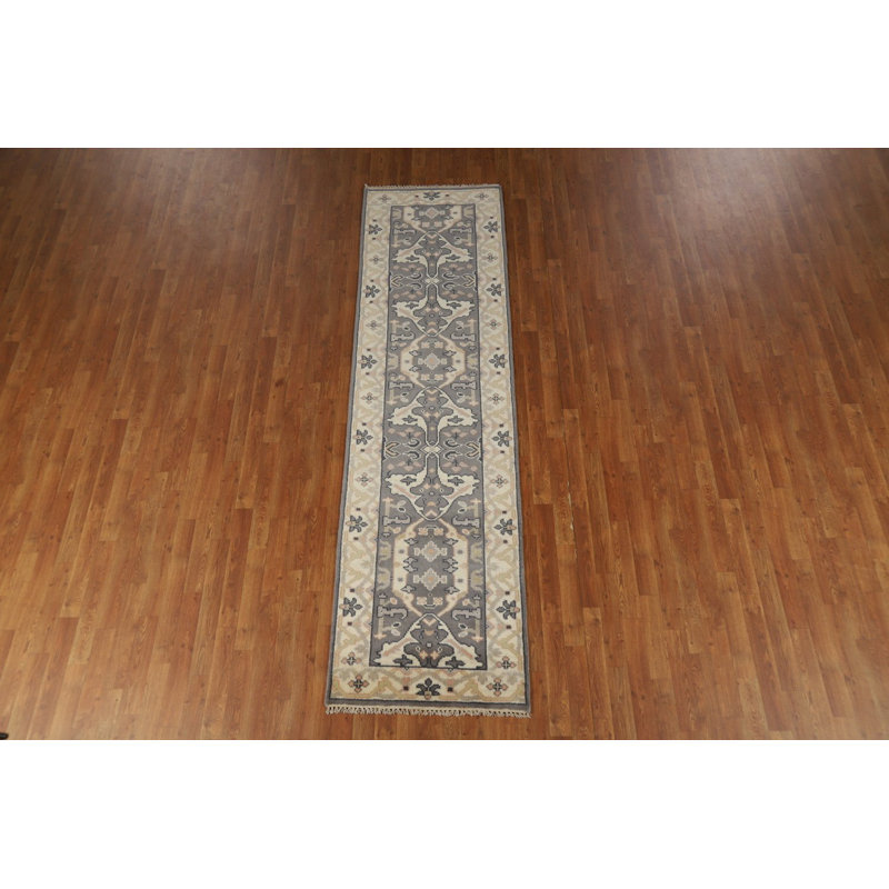 Tapis de couloir indien gris foncé en laine Oushak 3 x 10