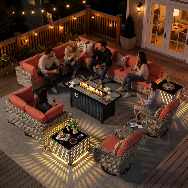 Ensemble de conversation modulaire en osier de patio 16 pièces 16 pièces, mobilier de jardin 12 places avec foyer rectangulaire au propane, tables basses à lumière DEL, chaises berçantes pivotantes, table d'appoint et coussins résistants à l'eau