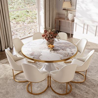 Modern White Round Stone Dining Table Set