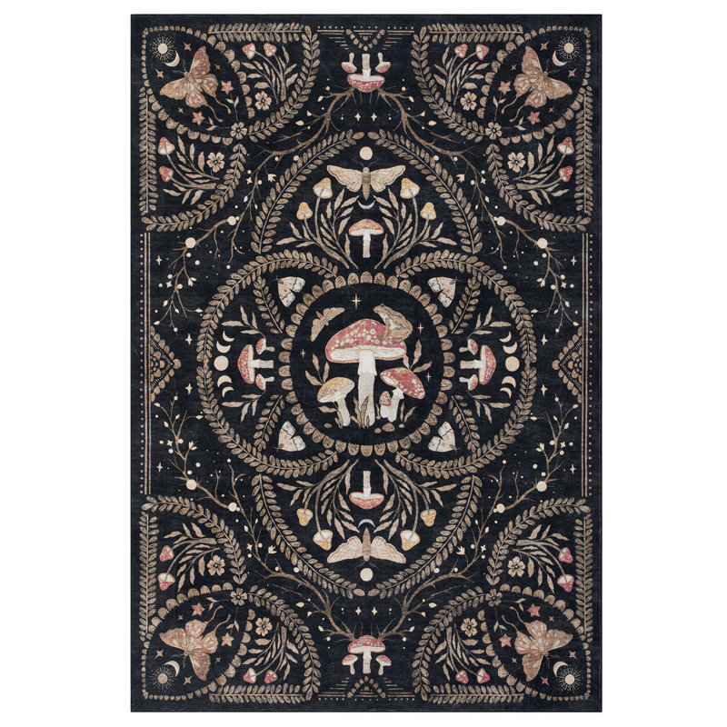 Tapis à poils courts à motif champignon gothique pour salon, chambre et cuisine, Noir brun, 5 x 7 pi