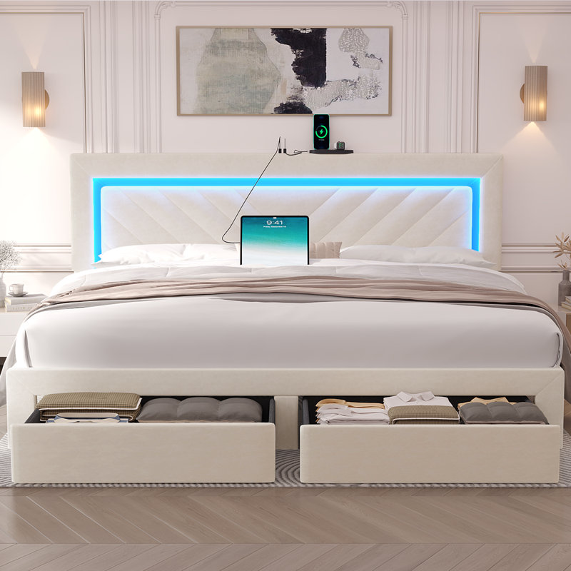 Upholstered Bed Frame with Adjustable Charged LED Headboard and Storage Drawers, Cream, King