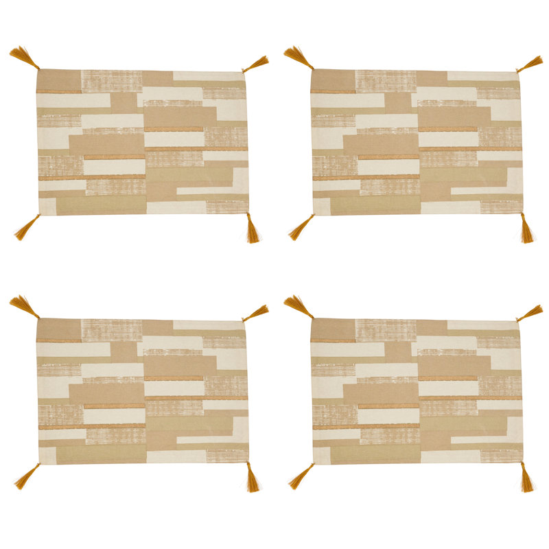 Beige Cotton Geometric Foil Print Placemats with Tassels, Set of 4