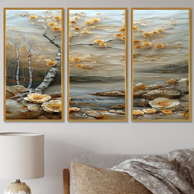 Blossoming Birch By Silver River - Tree Birch Wall Art Set, Gold Floater Framed, 40" H x 60" W x 1" D