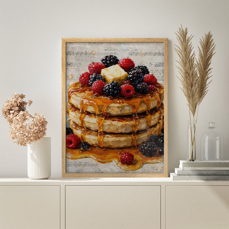 Berry Pancake Dessert Framed Wall Art Prints - Sweet Breakfast Food for Kitchen Dining Room, H 14 po x l 11 po, Naturel