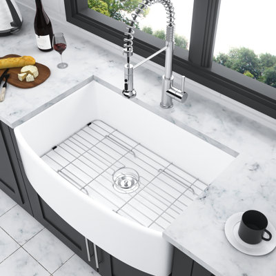 White Ceramic Sink 30 Inch - Arch Edge Apron Front, Reliable Single Bowl Grandeur Fashionable