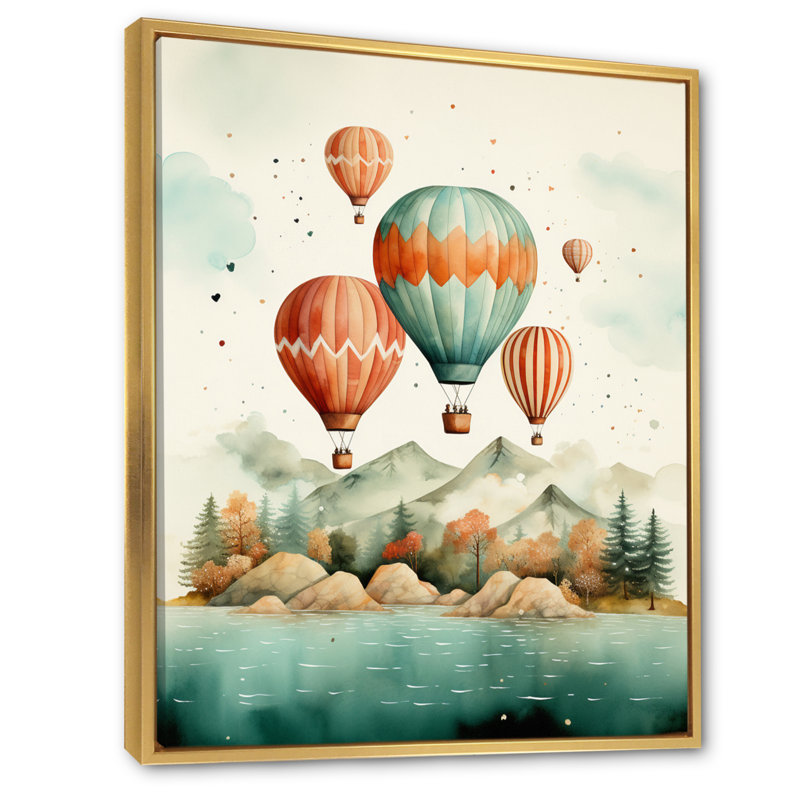 Vol au-dessus de l'océan en montgolfière - Impressions sur toile transport, H 32 po x l 24 po, Cadre flottant doré