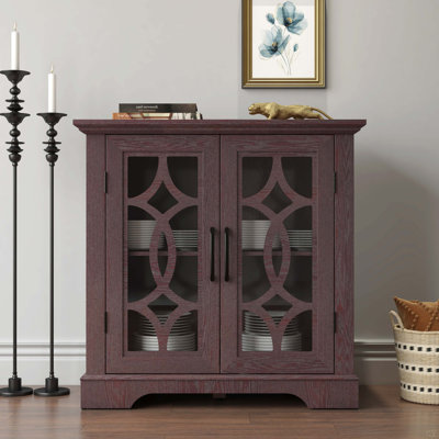 34.37" X 15.55" X 34.06" Spacious Size Sideboard 2 Clear Tempered Glass Doors Buffet With Adjustable Shelf, MDF With Dark RED Decorative Laminates Storage Cabinet For Dinning Room, Kitchen,Living Room