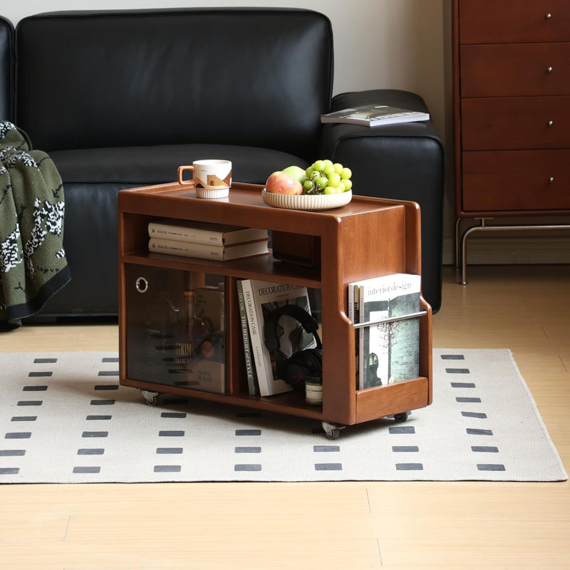 Solid Wood End Table with Wheels, Teak