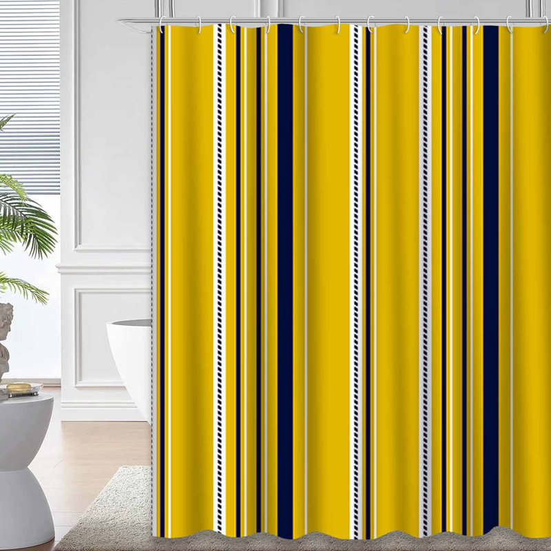 Rideau de douche rayé jaune, bleu, blanc, bleu marine avec 12 crochets, L 72 po x l 84 po