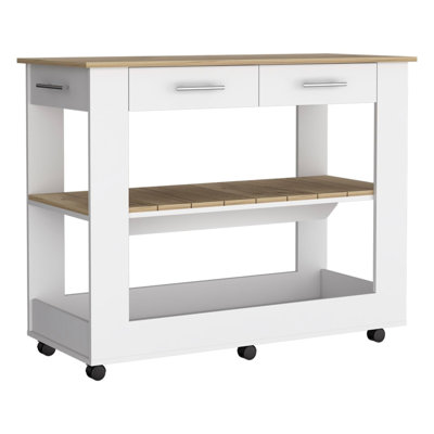 Kitchen Island 36" H, Six Casters, Two Drawers, Two Open Storage Shelves, Towel Hanger, Light Oak by Ebern Designs