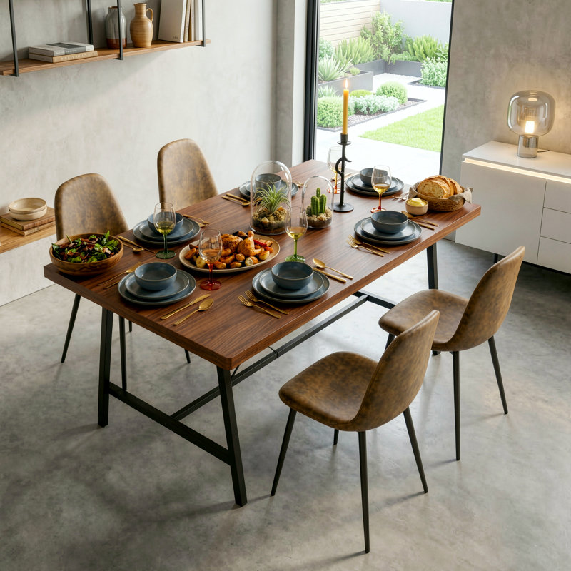 5-Piece Rectangular Wood-Look Dining Table Set With 4 Upholstered Dining Chairs, Brown