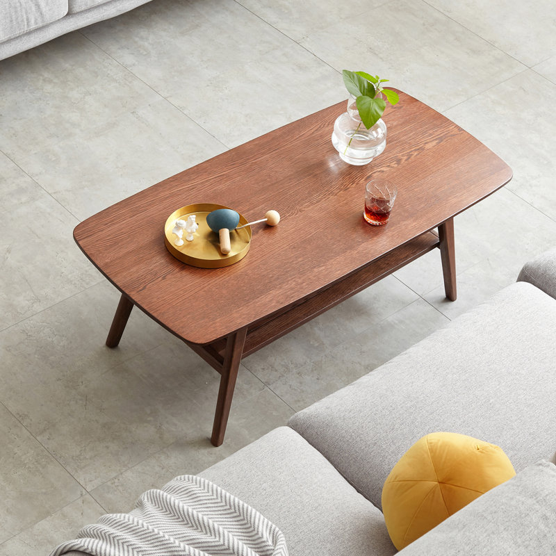 Table de salon rectangulaire en bois de chêne - Bureau avec rangement, assemblage facile, tablettes noyer massif à 100%, couleur noyer pour la maison