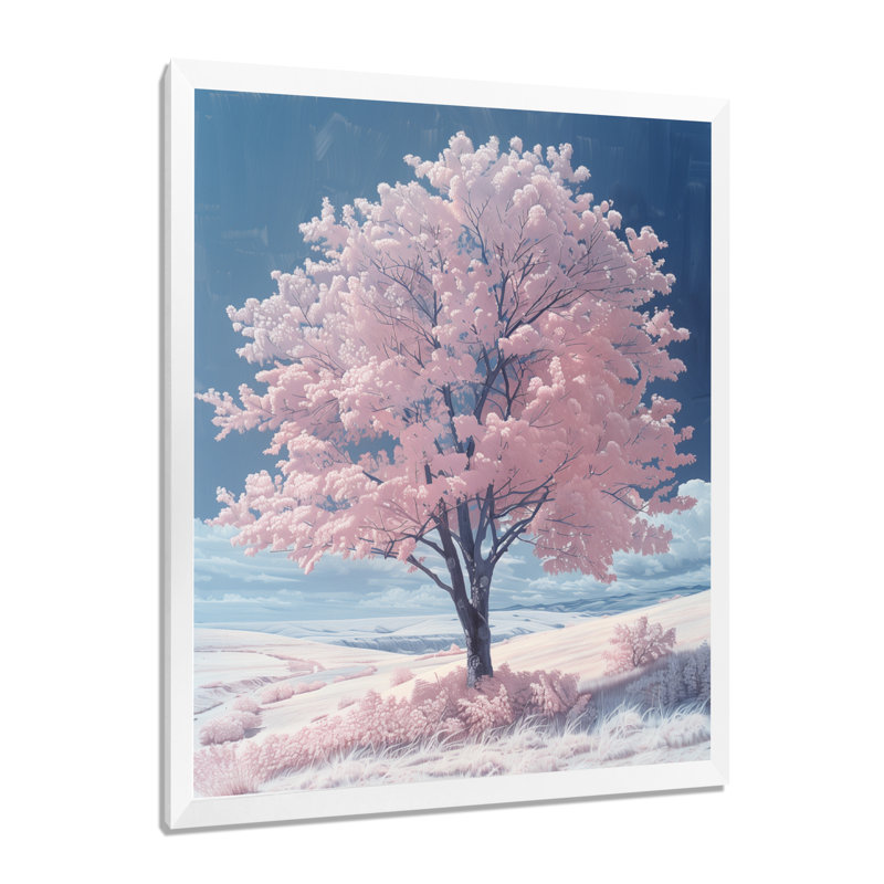 Fleur de pommier rose et bleu vif - décoration murale, Cadre simple blanc, H 34 po x l 44 po
