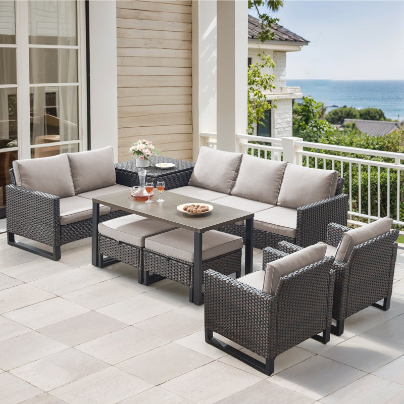 Ingvald 7-9 Person Outdoor Patio Wicker Conversation Set Group With Armchairs And Ottomans, Beige