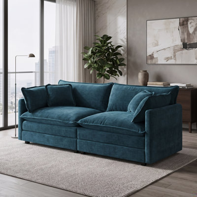 Canapé 2 places à assise profonde avec revêtement texturé et coussins moelleux, bleu foncé